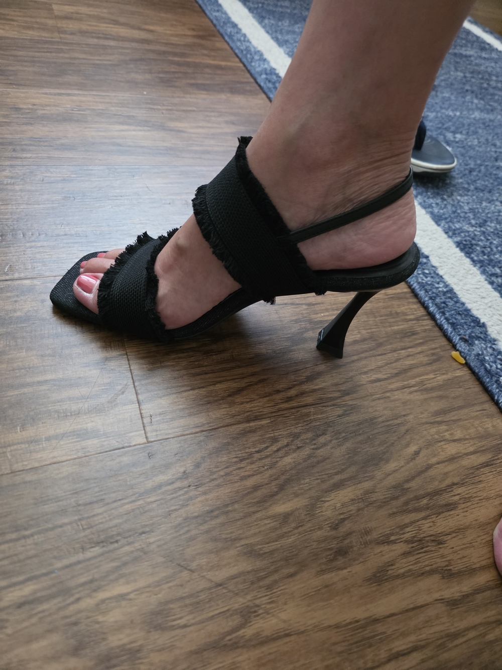 Frayed Strap Black Slingback Heeled Sandal